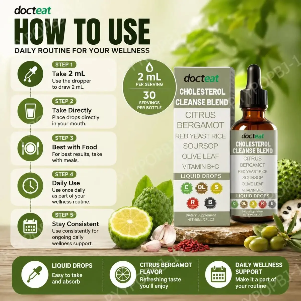Docteat Cholesterol Cleanse Liquid Drops Citrus Bergamot Υποστηρίζει τη μεταβολική ισορροπία με βιταμίνη C και B2 Dropper 60 ML — image 6