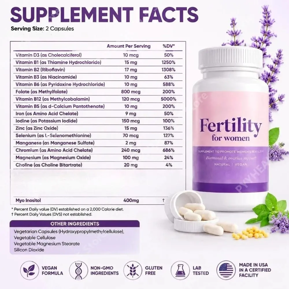 Fertility Capsules for Women Myo Inositol with Methylfolate & Multivitamins Hormonal & Ovarian Support Healthy Ovulation 60 Cts — image 3