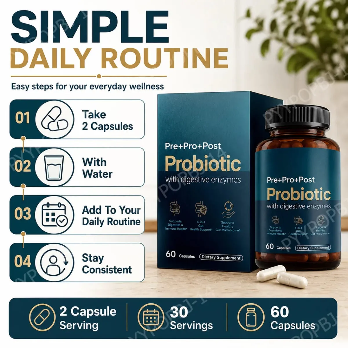Premium 4-in-1 Probiotic Prebiotic Postbiotic Digestive Enzymes for Men&Women Supports Gut Digestion Immunity 60 Capsules — image 6
