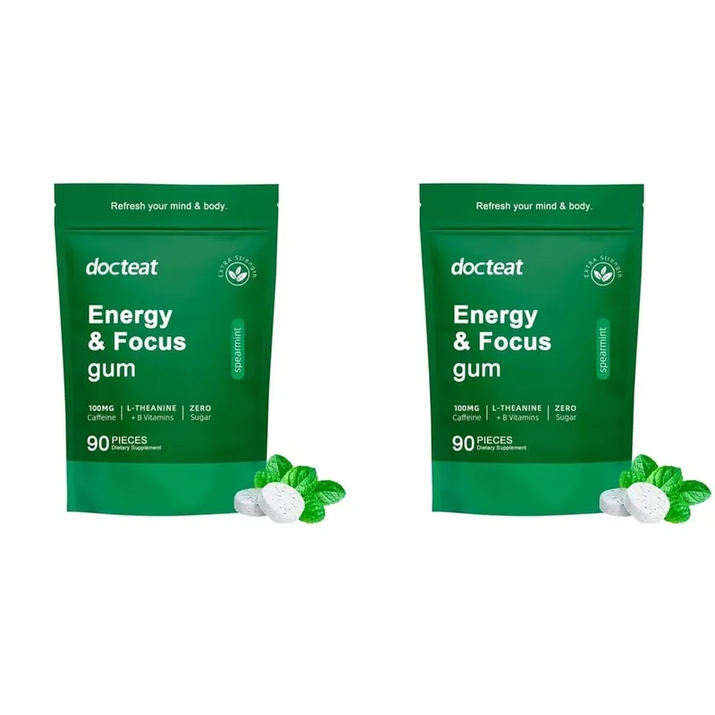 Docteat Energy & Focus Gum rágótabletta cukormentes zöld kávé kivonattal L-teanin B6+B12 vitamin 90 rágótabletta