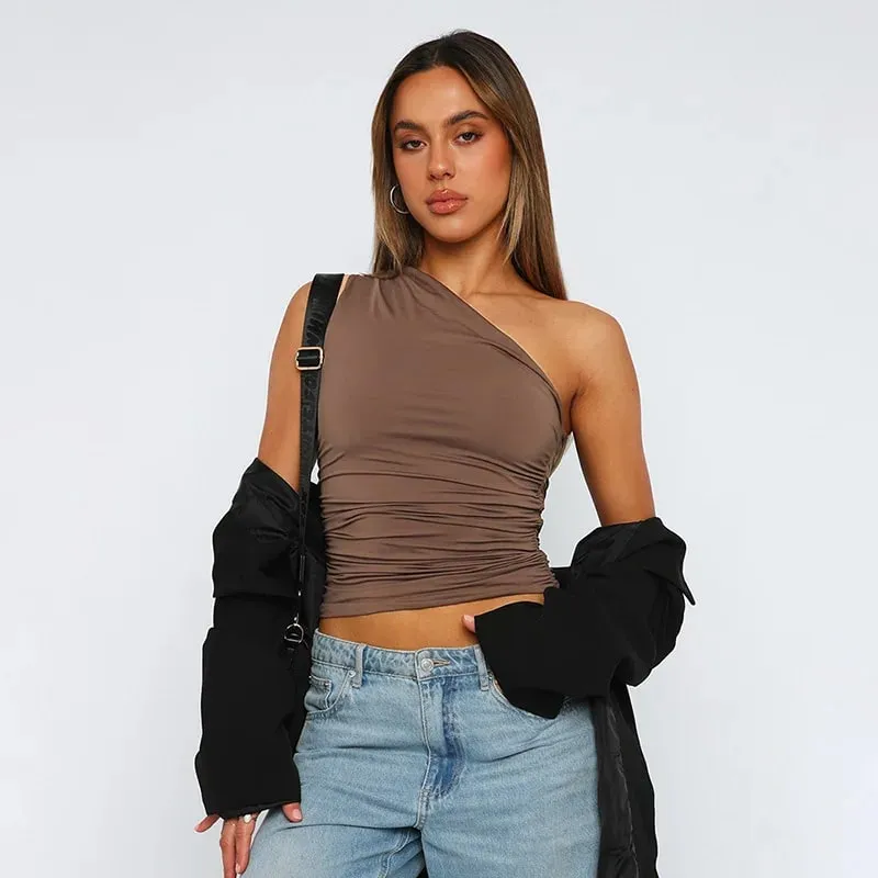 Solid Color One Shoulder Backless Shrink Tank Top T-Shirt Candy Color Tight Sexy Sleeveless Neckless Slim Casaul Top — image 3