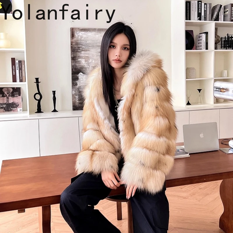 autumn and winter Imported whole fox fur Thickened New hooded long-sleeve dcommuting style fur coat шуба женская 2025