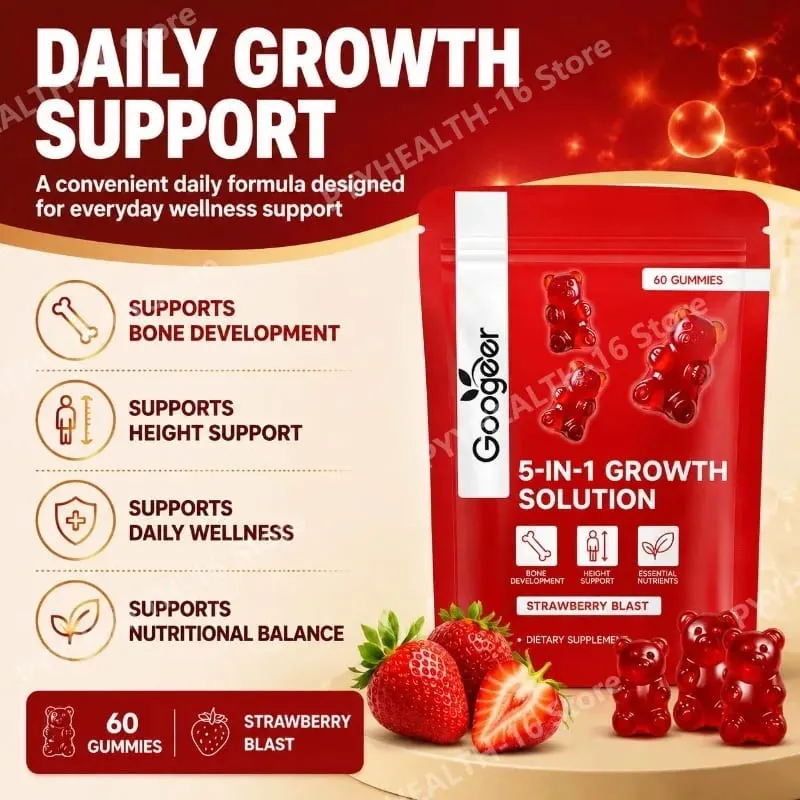 Googeer 5-IN-1 Growth Solution Gummies for Bone Development & Height Support Vitamin D3 K2 Calcium Strawberry Blast 60 Gummies — image 4
