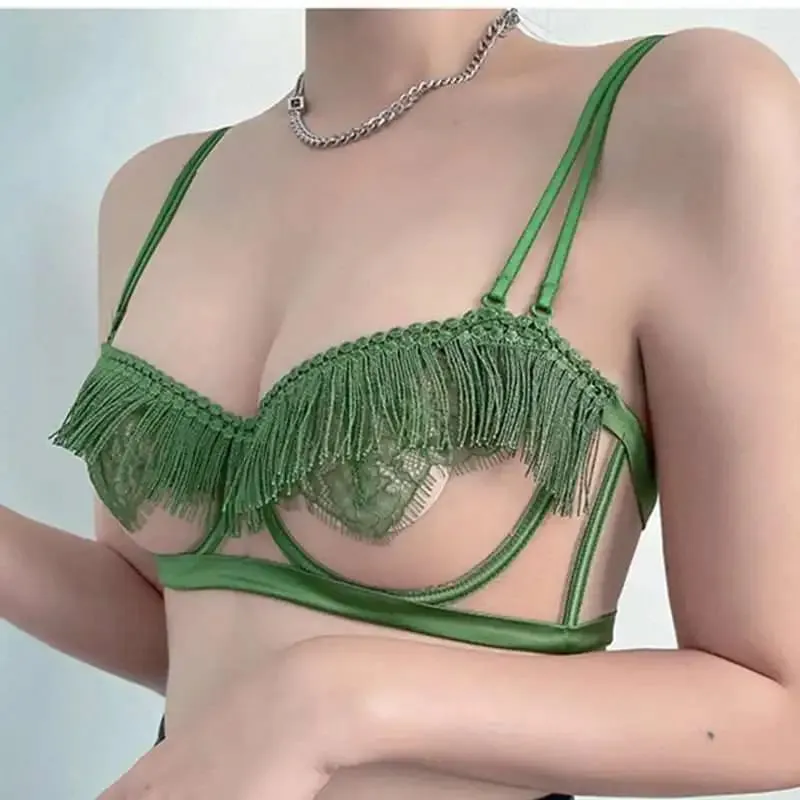 סט חזיית חזייה צרפתית סקסית קלה יוקרתית - Sheer Mesh Minimizer Bralette Ultra-Thin Lace הלבשה תחתונה מכירה מוגבלת במלאי
