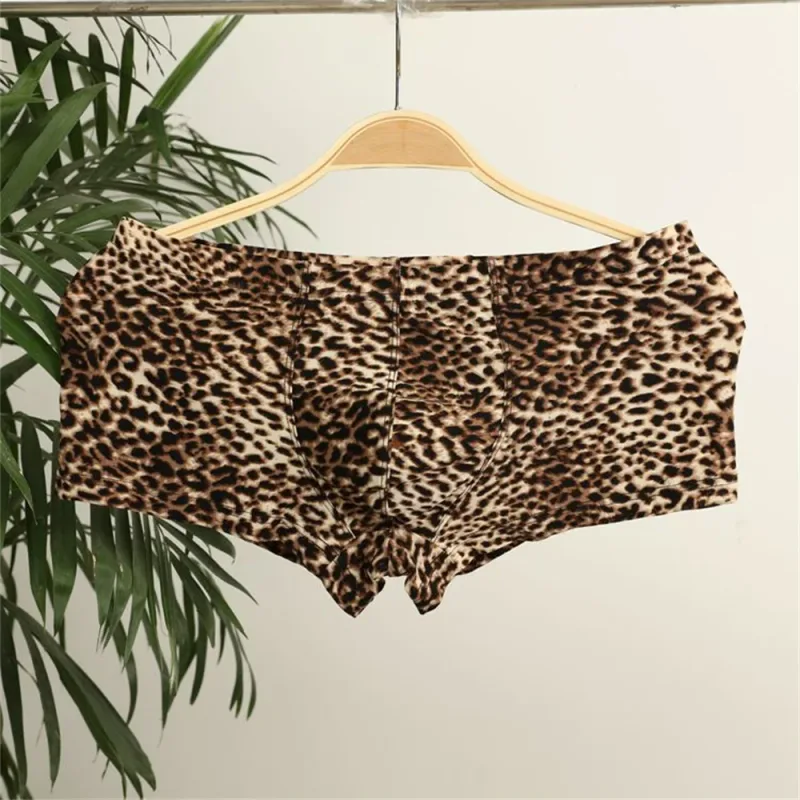 Men's Leopard Print Underwear Sexy Ice Silk Fabric Fashionable Boxers Personalized Male Trunk Shorts Plus Size