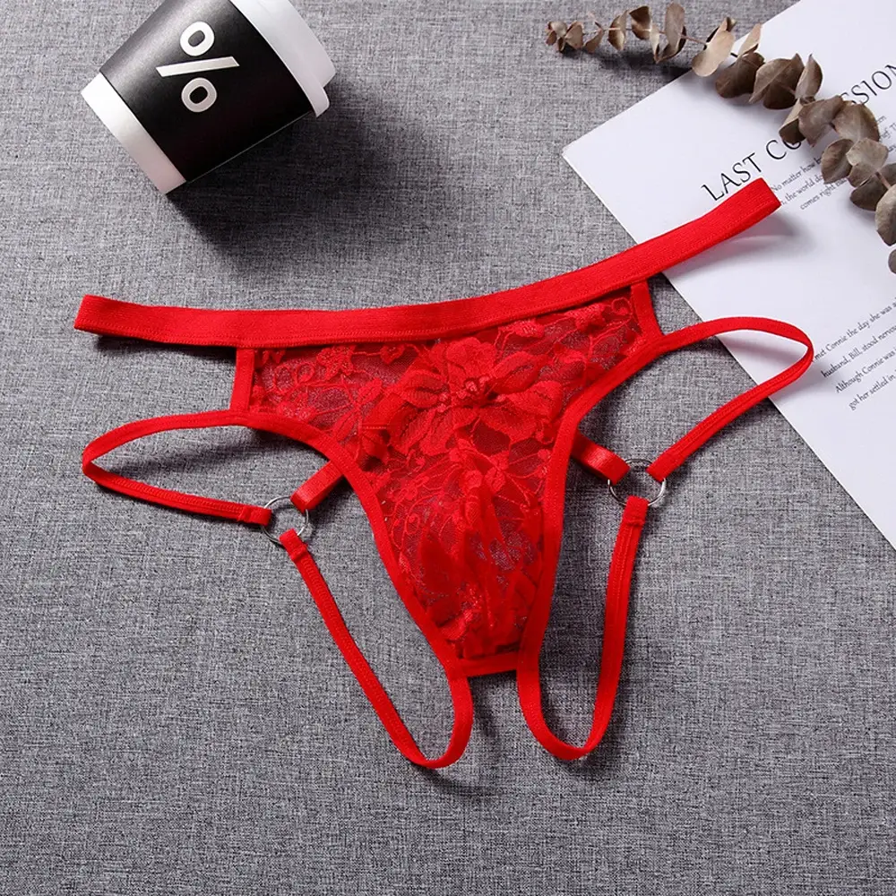 Sexy Underwear Men's G-Strings Exotic Lingerie Panties Sheer Lace Pouch Hollow Out Lace Flower Pattern Adjustable Waistband — image 7