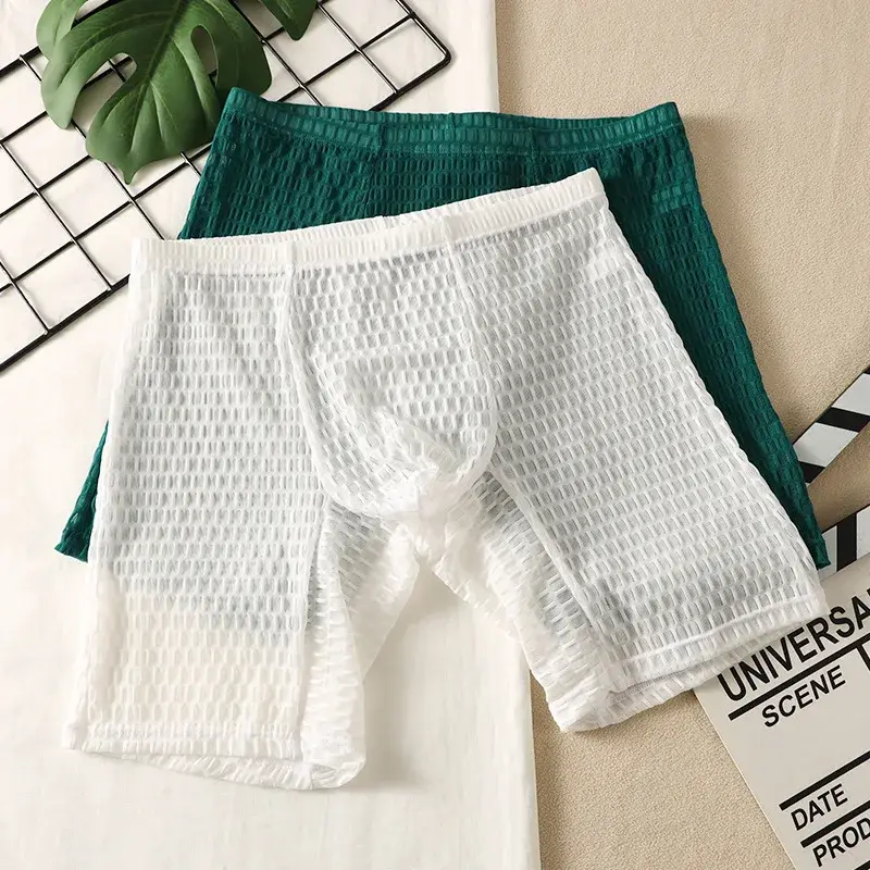 Men's Waffle Texture Boxy Underwear Extended Boxer Briefs Mid Rise Sheer Mesh Flirtatious Casual Athletic Sports Trunks Knickers — image 3