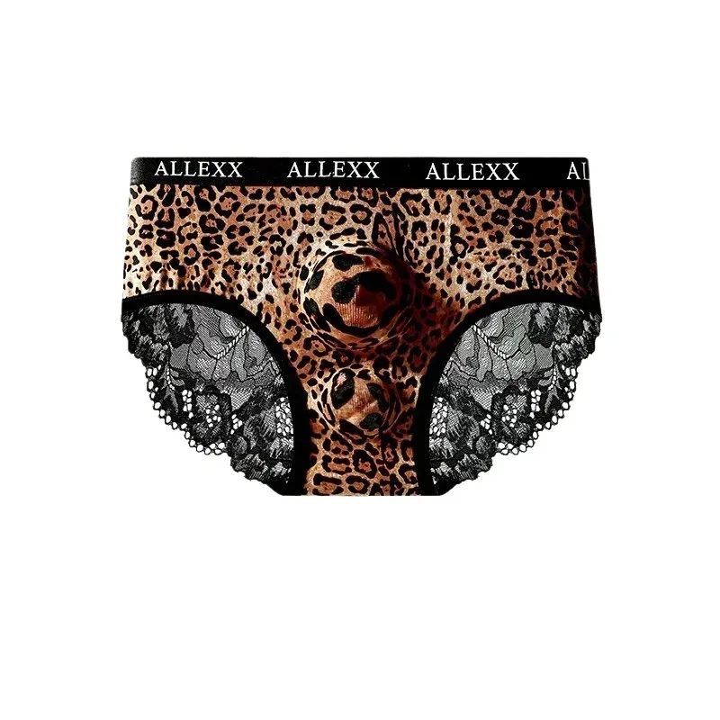 Men's Sexy Briefs Sheer Lace Ice Silk Panties Leopard Printed Letter Sissy Lingerie Bullet Separation Pouch Ultra-Thin Underwear — image 4