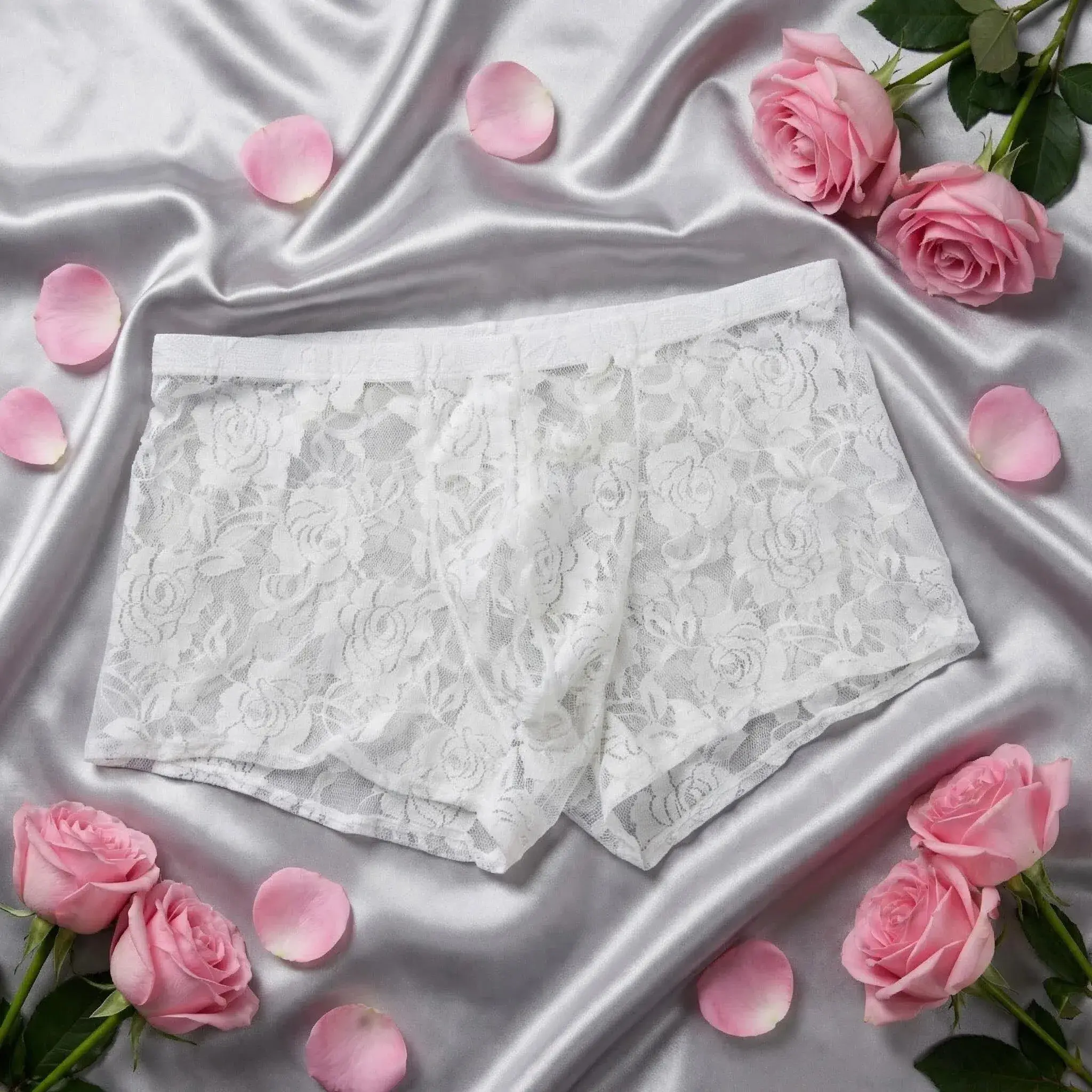 1Pc Men's Fashion New Design Sexy Lace Embroidery, High Elasticity Transparent Lace Flat Corner Underwear, Sexy, Ice Silk 3256811662670417