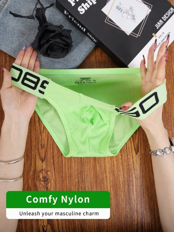 Men's Nylon Blend Mesh Breathable Briefs Horn Splice Letter Embossed Wide Elastic Waistband Fluorescent Color Sexy Underwear — image 3