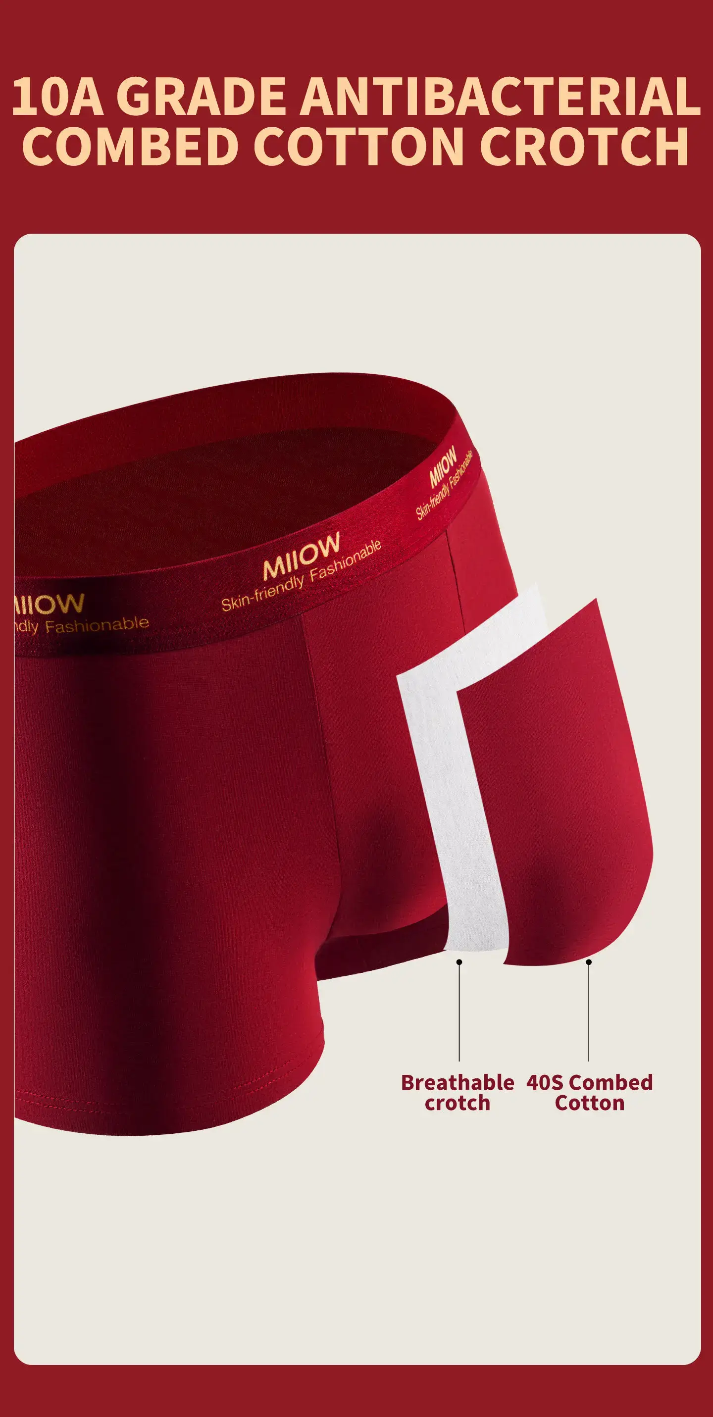 MiiOW 3Pcs Cotton Men Underwear 10A Antibacterial Crotch Men's Panties Breathable Skin-friendly Man Boxers Lucky Red Underpants — image 4