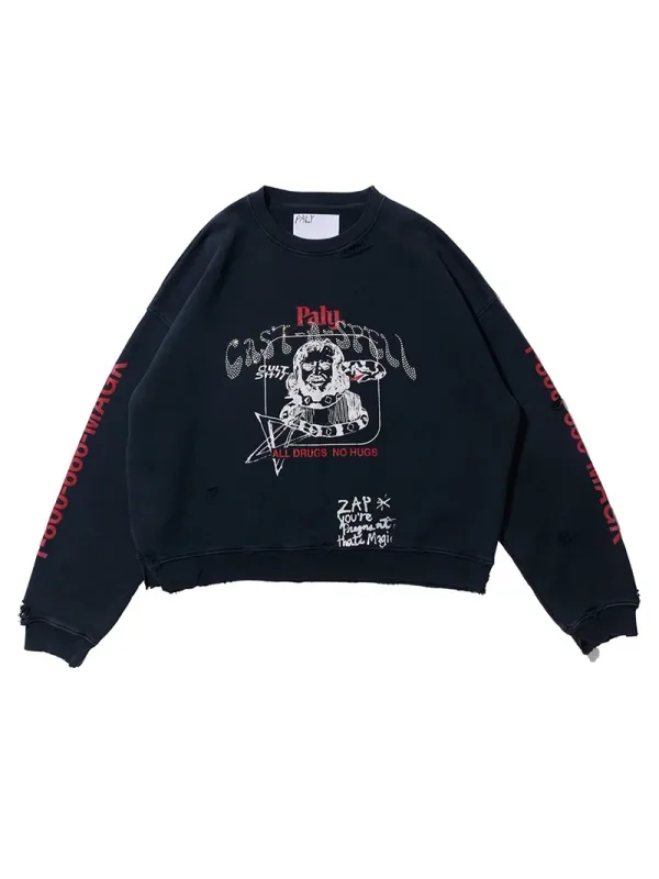 Nuevas sudaderas con capucha PALY de gran tamaño para hombre y mujer, cárdigan Vintage informal lavado negro dañado de la mejor calidad, sudaderas con cremallera — image 1