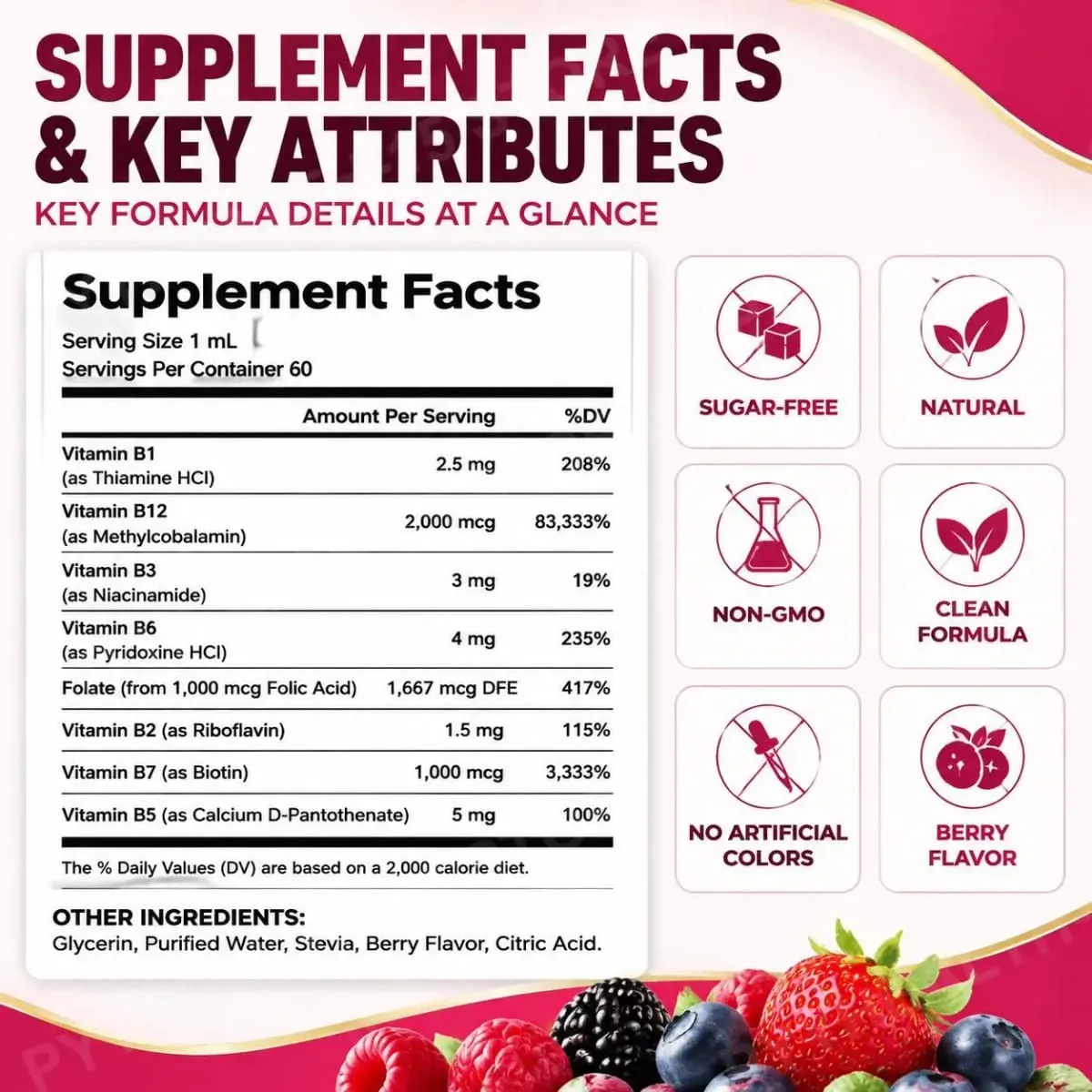 Lenm Vitamin B12 B-Complex folyékony cseppek 8 az 1-ben támogatja az idegrendszer immunrendszerének egészségét és napi energiát 60 ml cukormentes, nem GMO — image 2