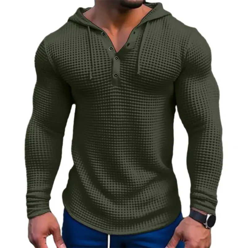 Camiseta de manga larga ajustada de Color sólido para primavera, Top deportivo transpirable con capucha para hombre, camisa informal de manga larga de algodón Waffle