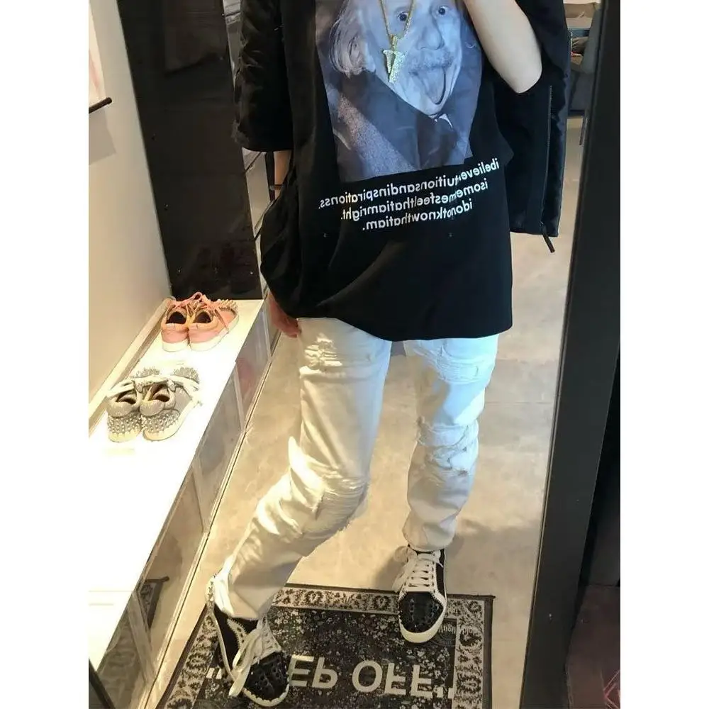 High Street Streetwear Clothing Fog Style Trend Fake Ripped Pleated Jeans Men Summer Cargo Slim Bootcut Designer White Trousers — image 2