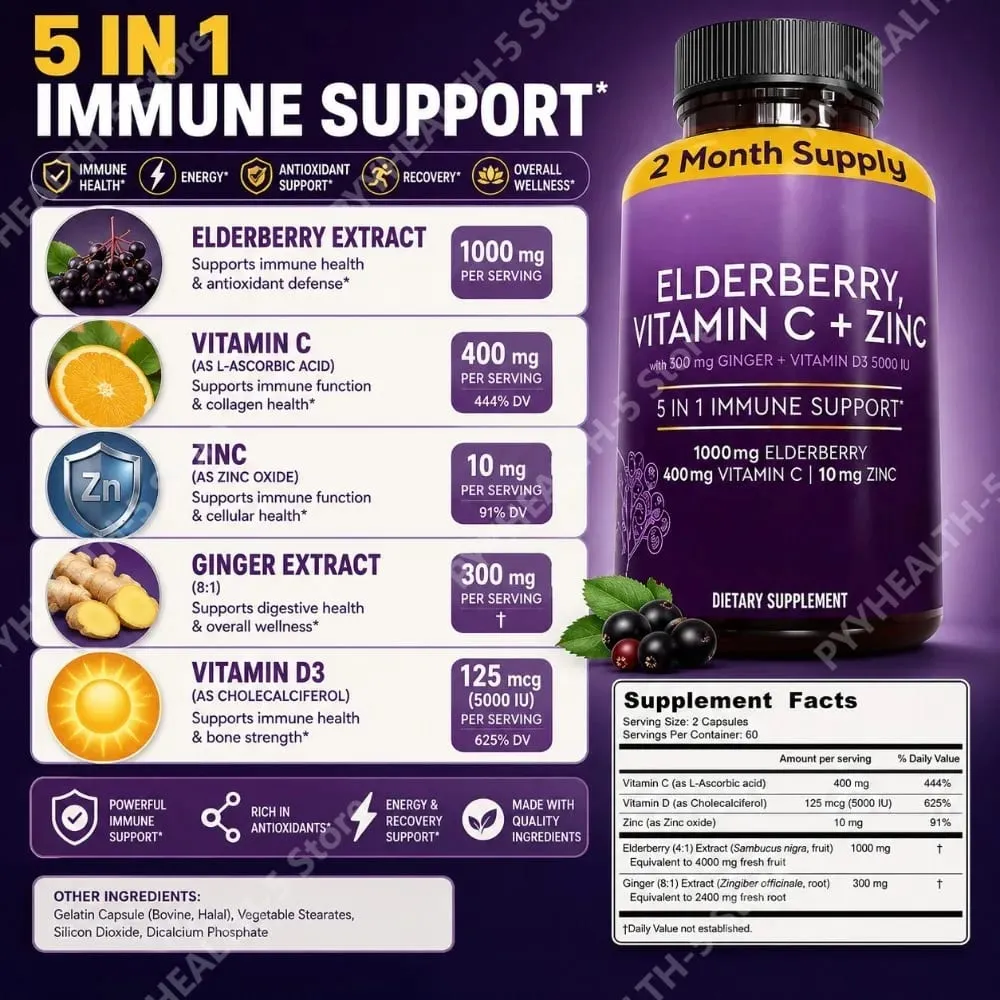 Elderberry Capsules with Vitamin C Zinc D3 Ginger Sambucus Black Elderberry Herbal Blend Daily Wellness Support for Adults