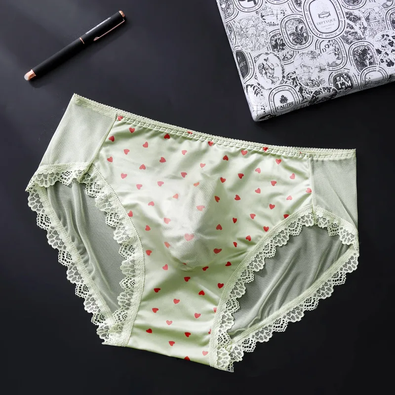 Large Size Mens Sissy Satin Panties Sexy Scalloped Lace Sheer Briefs Glossy Lingerie Mid Rise Lace Bow U Convex Pouch Underpant — image 19