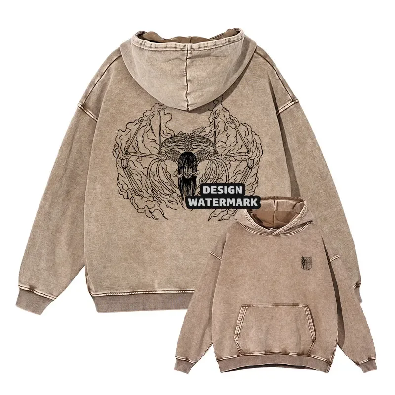Anime Levi Hoodies Vintage Washed A-Attack on Titan Hoodie Casual Manga Yeager Eren Kapuzenpullover Titan Attack Pullover — image 18