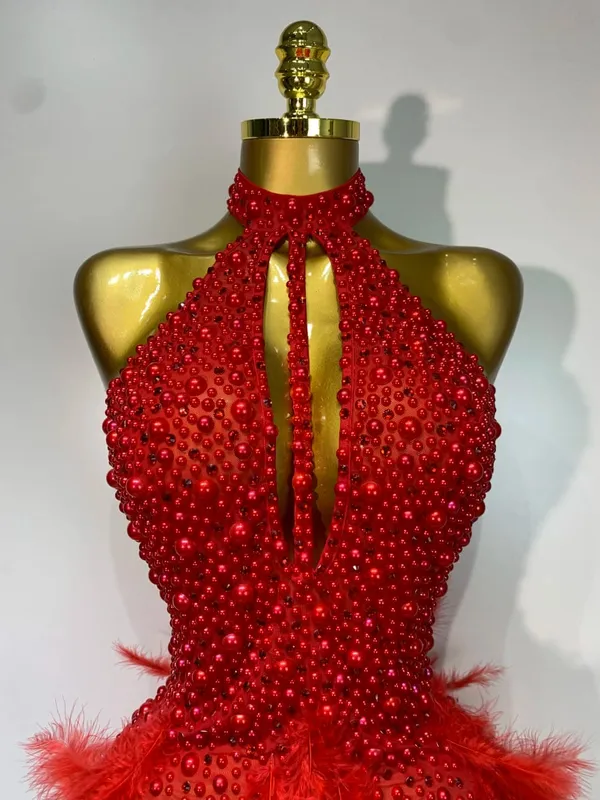 Luxury Rhinestones Pearls Halter Backless Short Feathers Dress Women Sexy Celebrate Birthday Dress Performance Dance Costume — image 5