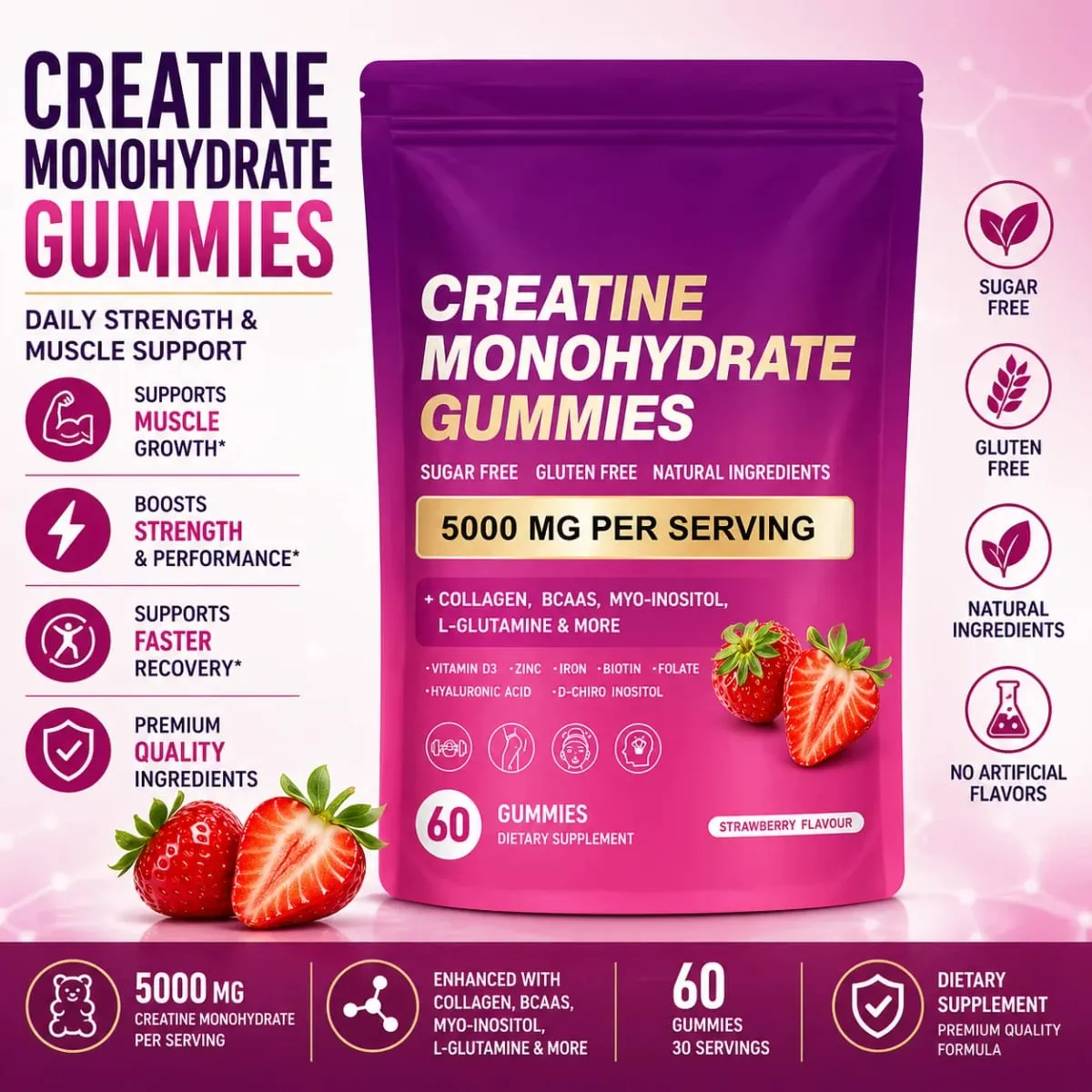 Creatine Monohydrate Gummies with Collagen BCAA and Vitamins Fitness Supplement Strawberry Flavor Daily Workout Support Sugar — image 2