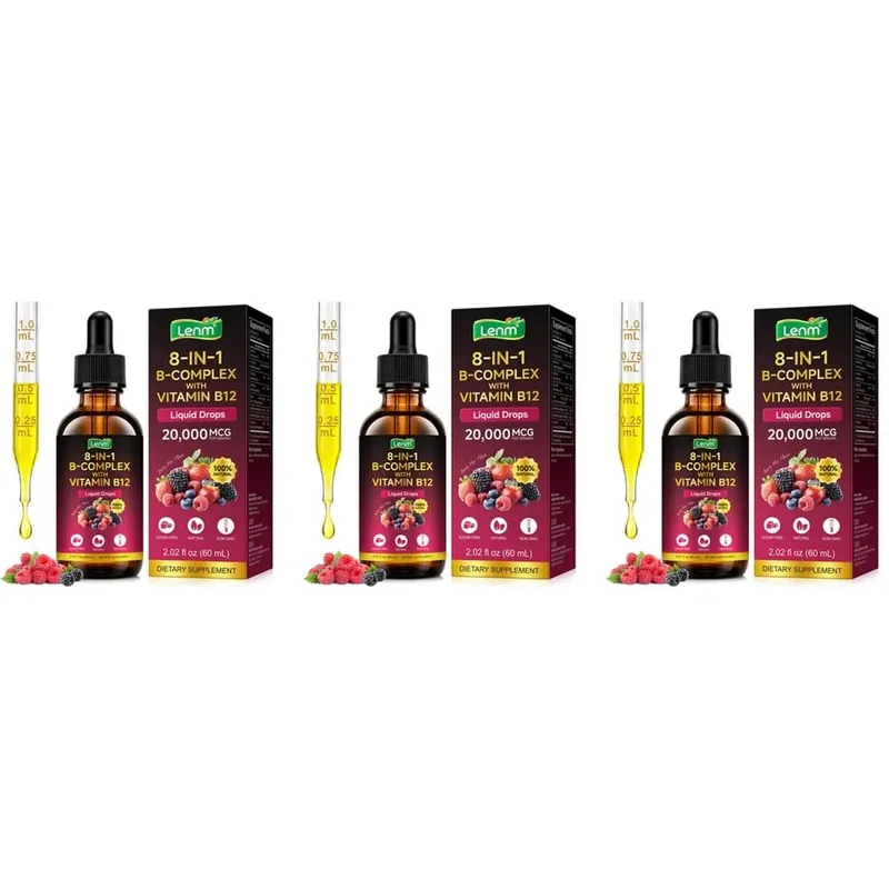 Lenm Vitamin B12 B-Complex folyékony cseppek 8 az 1-ben támogatja az idegrendszer immunrendszerének egészségét és napi energiát 60 ml cukormentes, nem GMO — image 9