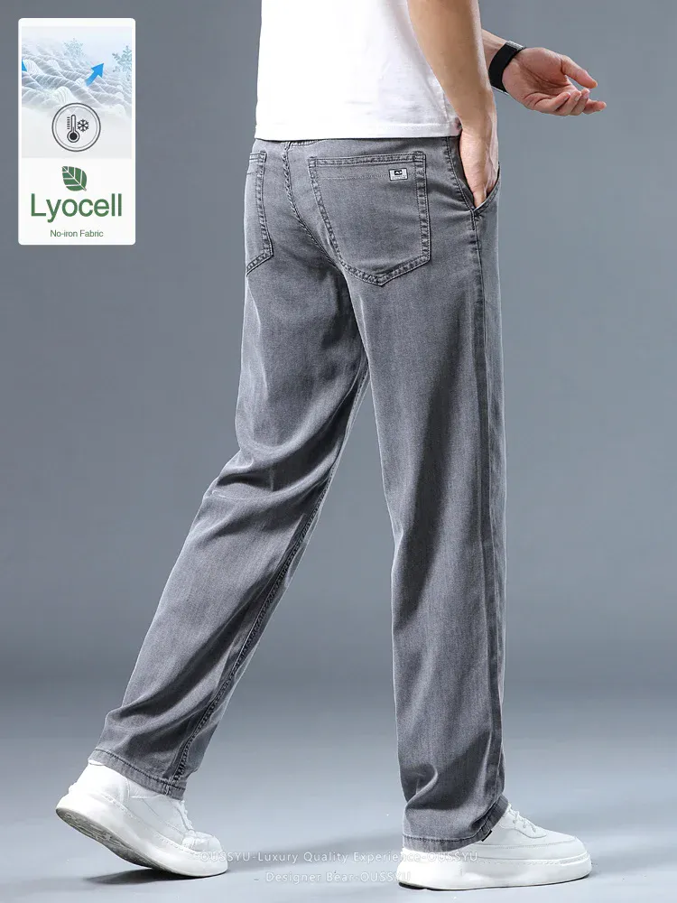Καλοκαιρινό λεπτό ανδρικό φαρδύ τζιν Lyocell Soft Drape Business Casual Παντελόνι Smoke Grey Ice Μεταξωτό Παντελόνι Plus Size 40 42 — image 2