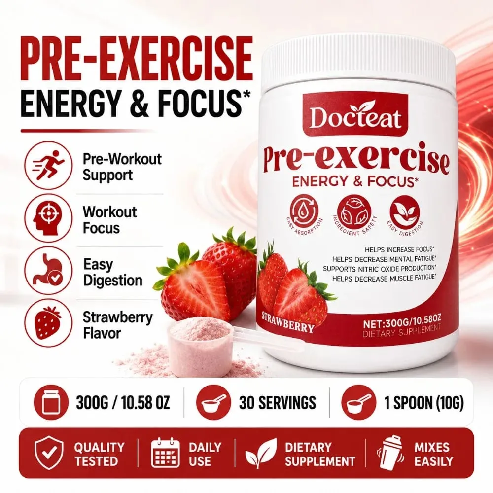 Docteat Pre Workout Powder Strawberry Energy & Focus Support Beta-Alanine L-Citrulline Rhodiola 300g 30 Servings Drink Mix — image 2