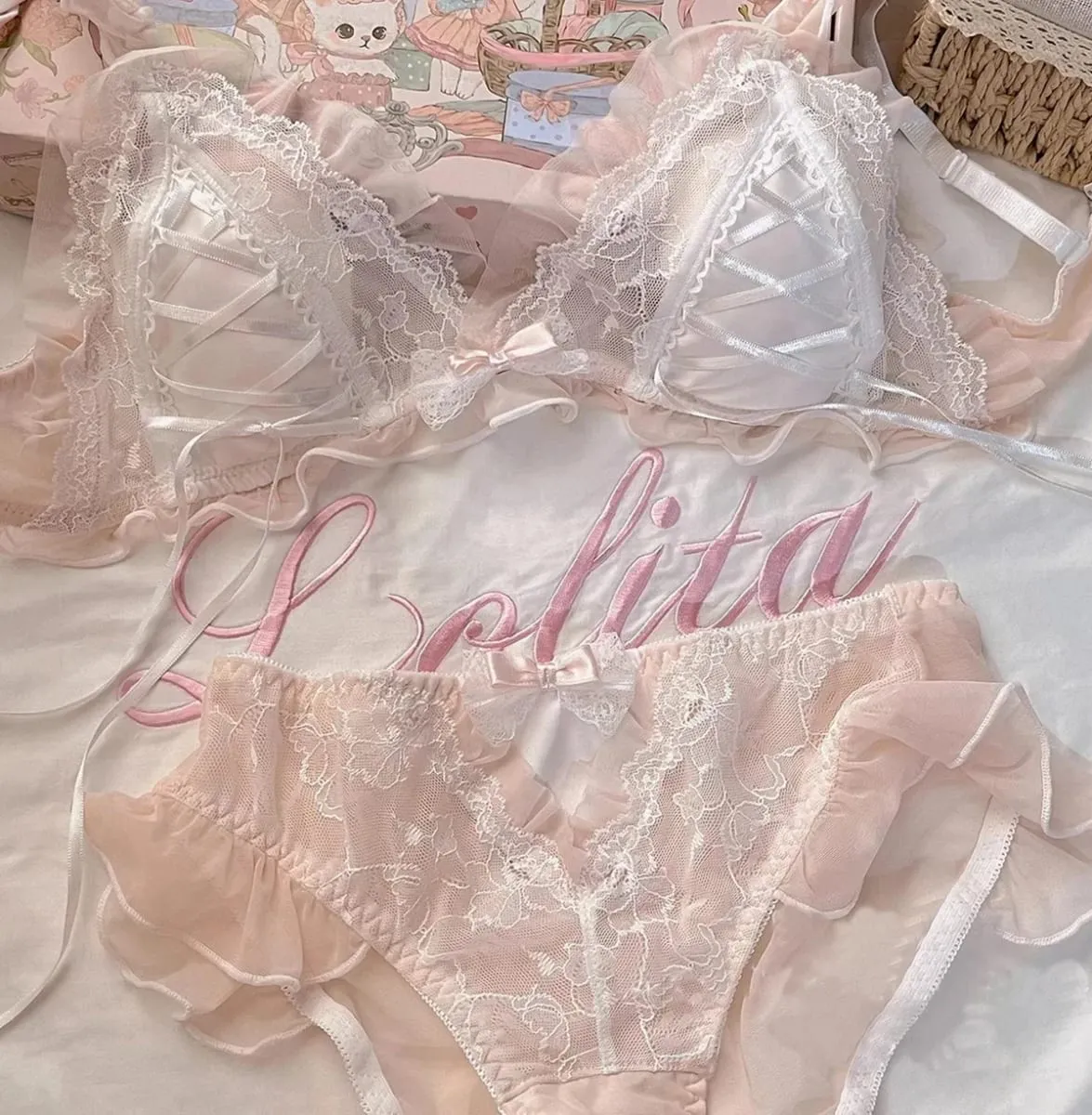 Lolita Style Thin Lace Triangle Cup Σετ Γυναικείο Χαριτωμένο μικρό μπούστο σέξι εσώρουχα — image 10