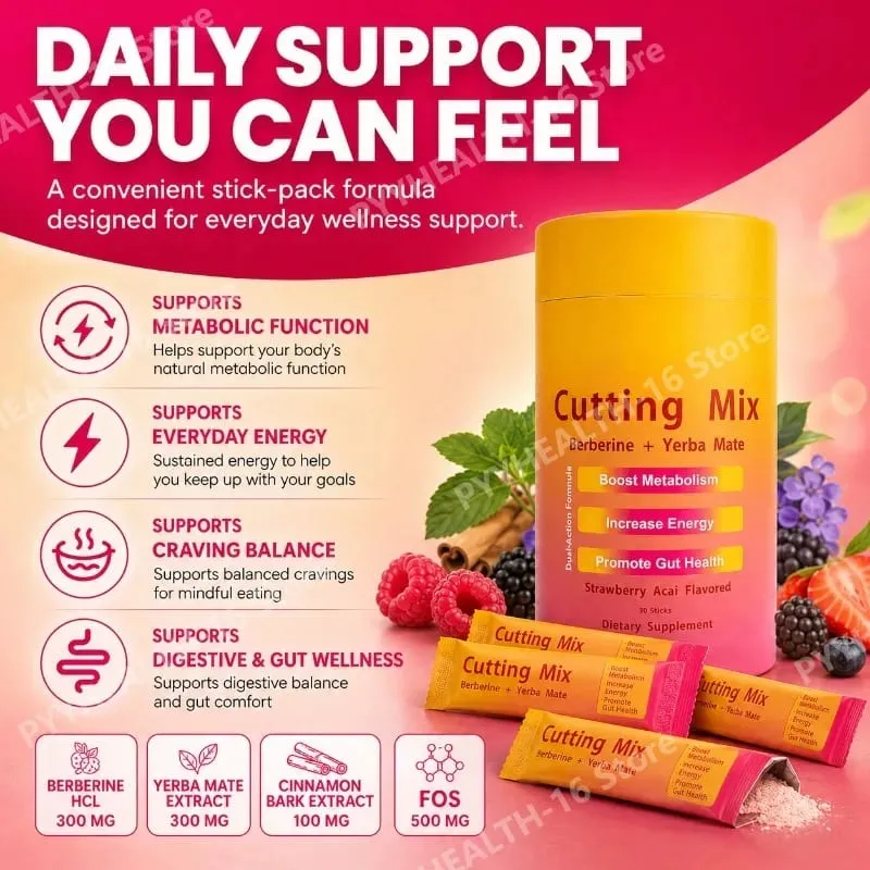 Berberine Yerba Mate Drink Mix Cutting Metabolism & Energy Support Strawberry Acai Flavor Gut Wellness 30 Stick Packs 180g