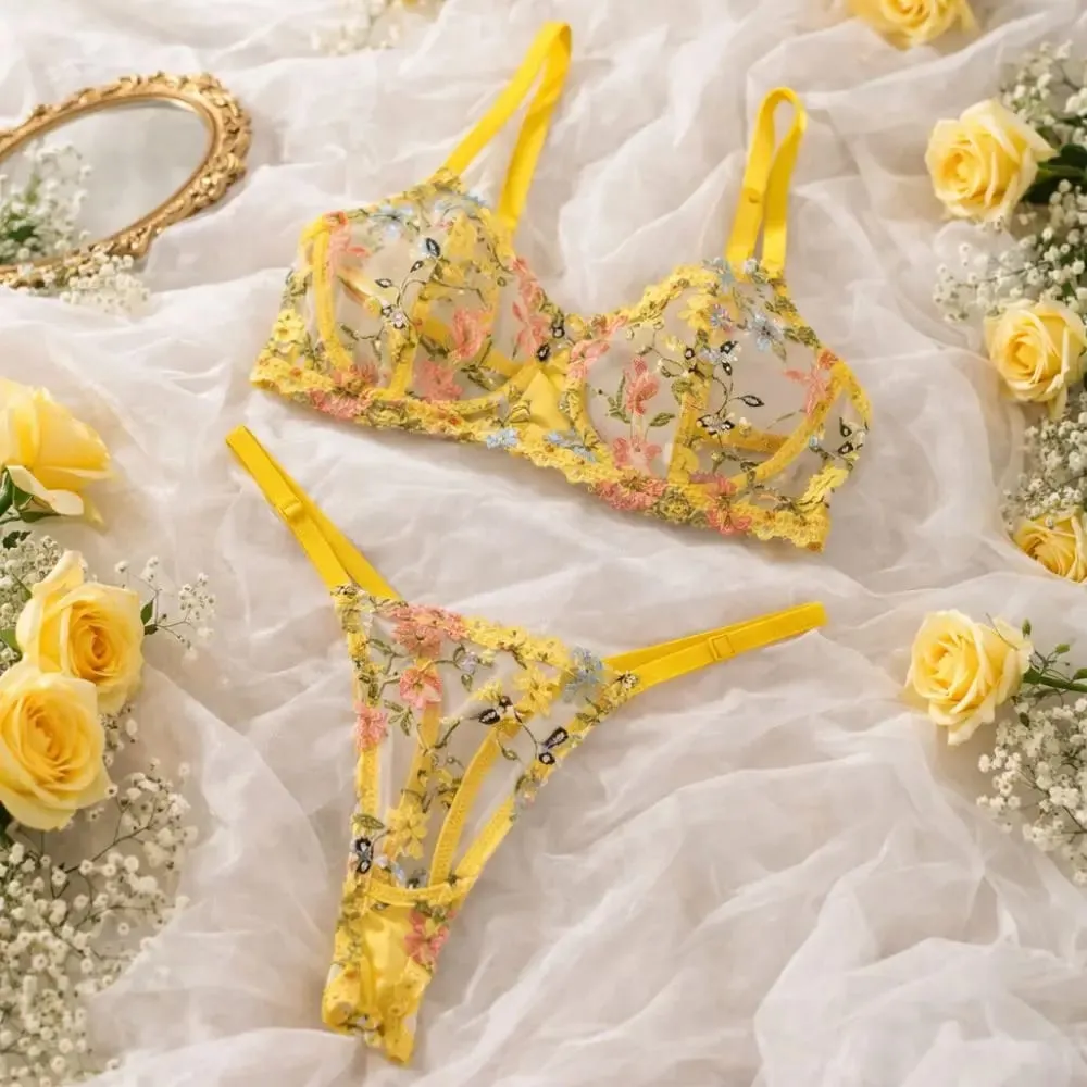 2-Pece Fashion Floral Σετ Εσώρουχα Διαφανές Κέντημα Εσώρουχα Intimates Underwire Push-up Ευέλικτο Σετ εσώρουχα σουτιέν για κορίτσια
