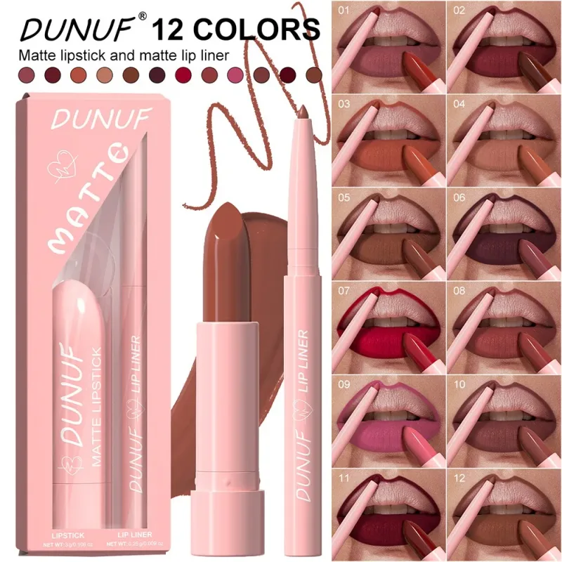 2 τεμάχια/Σετ Κιτ μακιγιάζ Lipstick+Liner Liner Matte Nude Αδιάβροχο μακράς διαρκείας, χωρίς λεκέδες, κωνική μύτη για τα χείλη Contour Pen Cosmetics