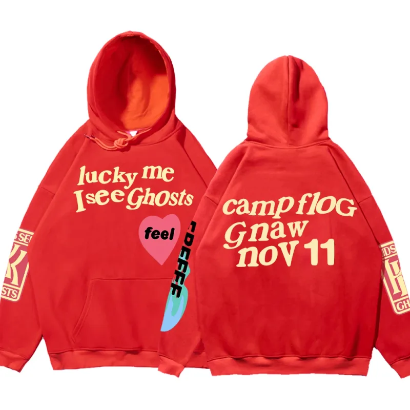 Moletom com capuz solto estampado com grafite Kanye Moletom masculino oversized Luck Me I See Ghosts Camisola com capuz Unissex Camisola com capuz — image 14