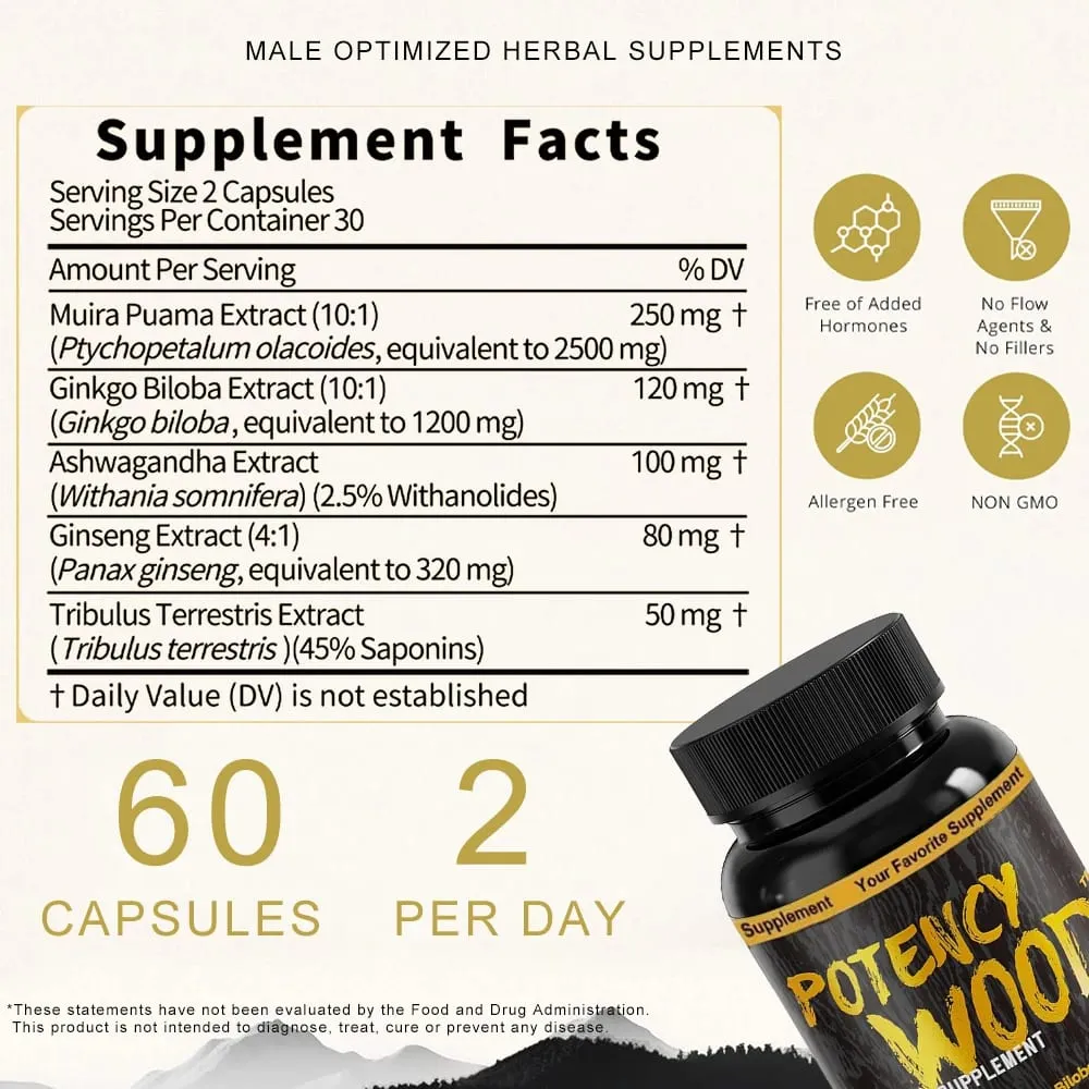 Potency Wood Vitality Boost Capsules - Energy Libido Focus Supplement - Ginseng Ashwagandha Herbal Supplements 60 Capsules — image 7