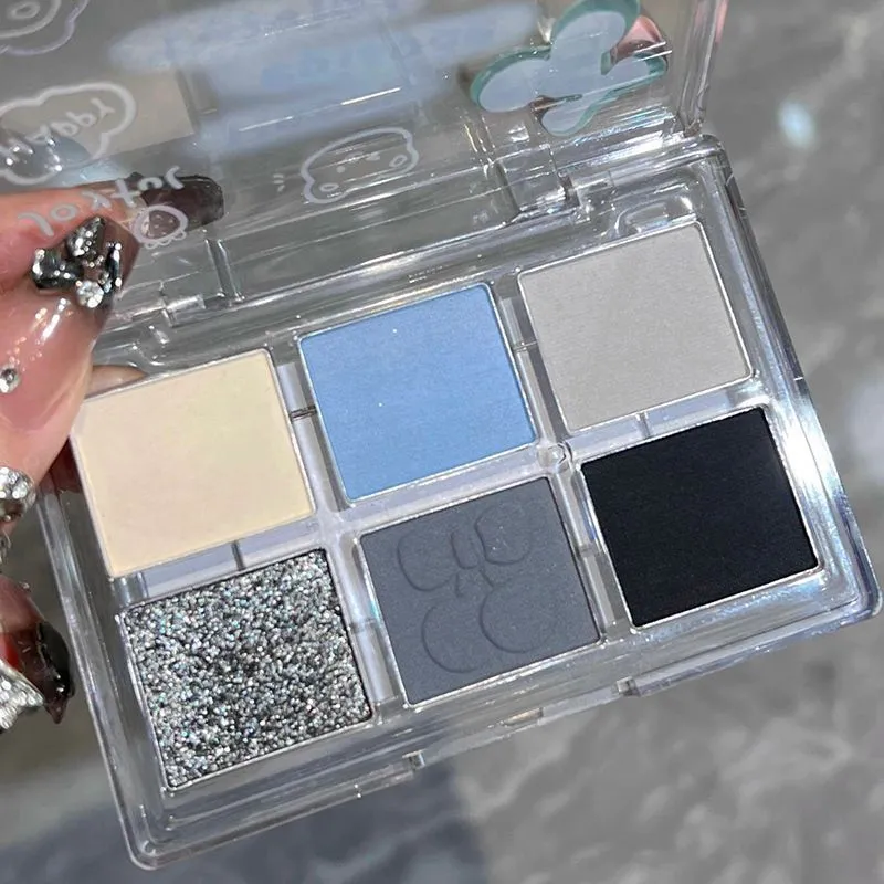 Ματ Γκρι Μπλε Smoky Eye Shadow Palette 6-χρωμάτων Glitter Silver Acrylic Eye Shadows Palette Καλλυντικά Μακιγιάζ ματιών μακράς διαρκείας — image 4
