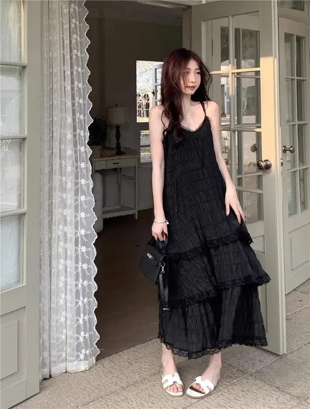 Καλοκαιρινό Befree Long Vintage Casual Ruffles Κομψό Maxi Strap Camis Silky Beach Lace Κομψό φόρεμα για πάρτι Vestidos Sexy Women