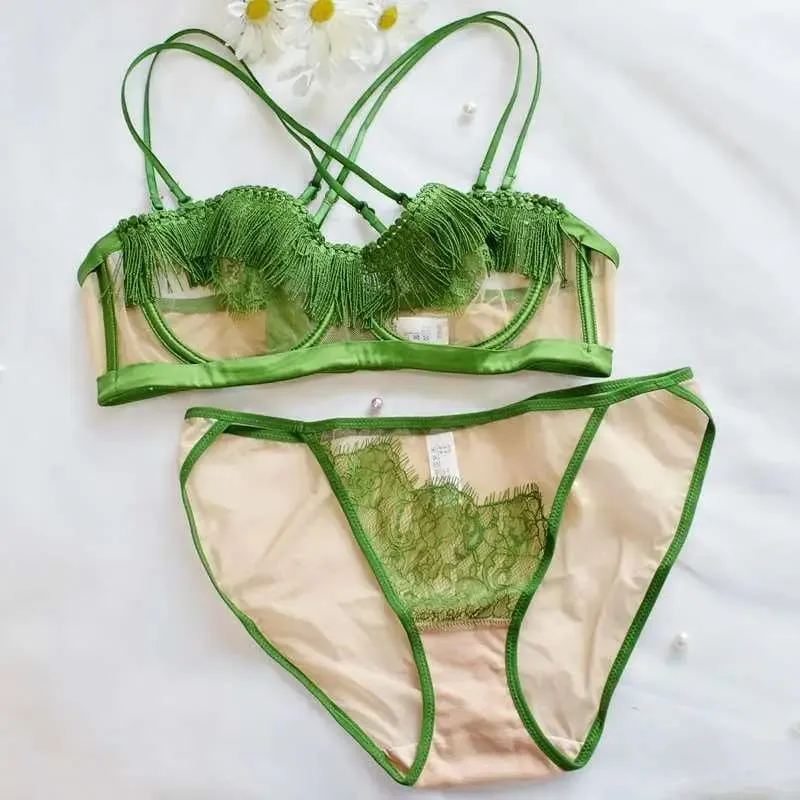 סט חזיית חזייה צרפתית סקסית קלה יוקרתית - Sheer Mesh Minimizer Bralette Ultra-Thin Lace הלבשה תחתונה מכירה מוגבלת במלאי