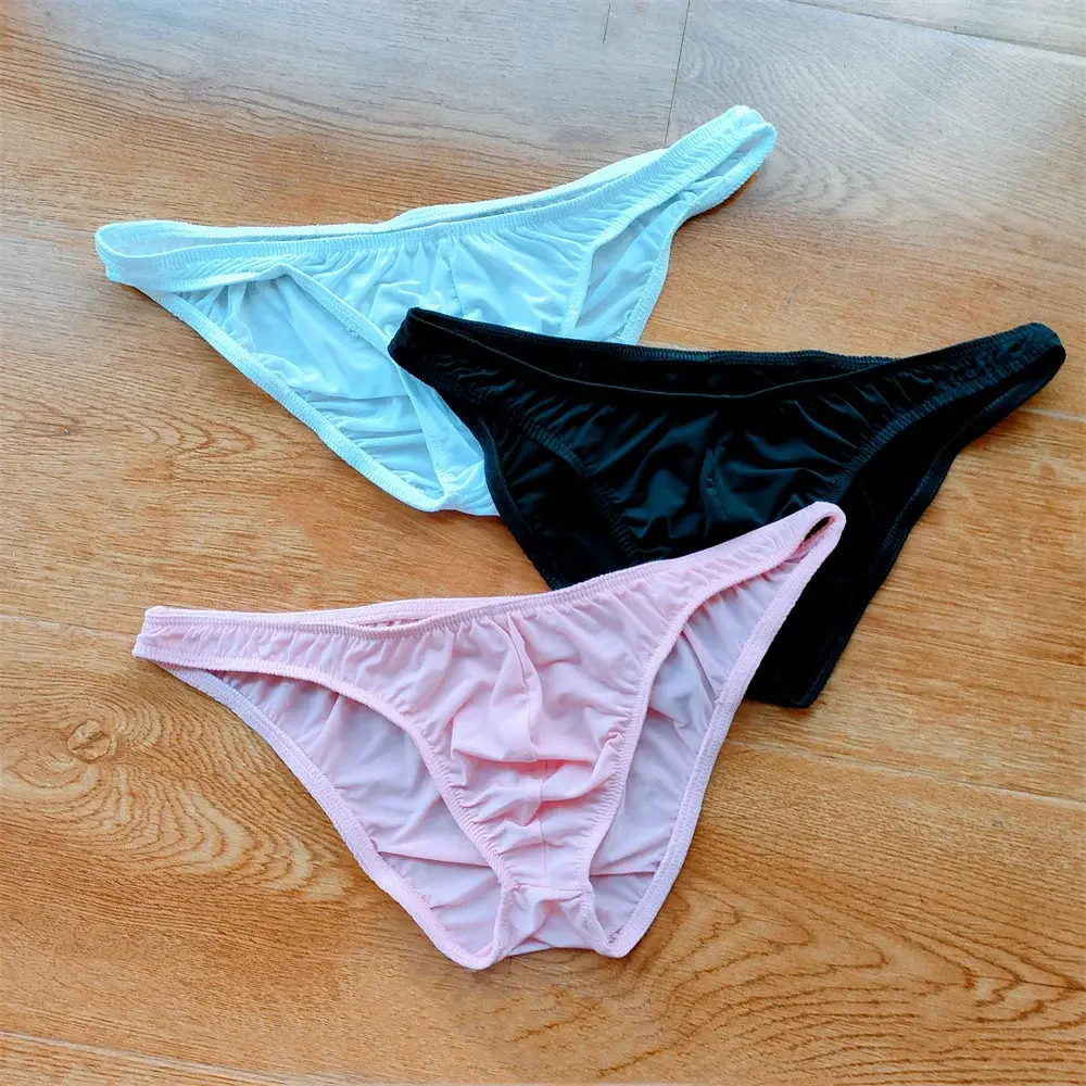 Solid Color Nylon Briefs Men Big Bulge Sexy Underwear Translucent Ice Silk Low Waist Bikini Panties U Convex Male Panties