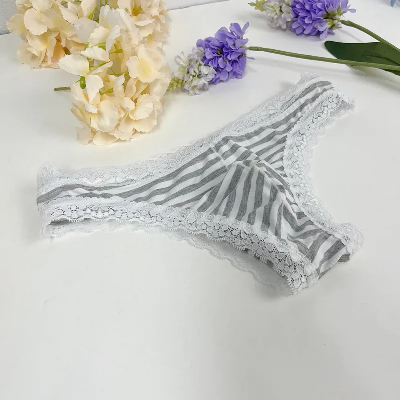 Men Lace Trim Striped G-string Underwear Half-covered Butt Low-rise Pantie Breathable Sexy U Bulge Pouch Comfortable Tong — image 8