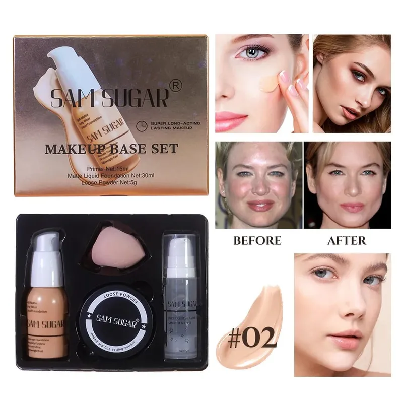 Σετ βάσης μακιγιάζ με 15ml Primer 30ml Matte Foundation 5g Loose Powder Puff για λεία και άψογη επιδερμίδα Μακριά ρούχα