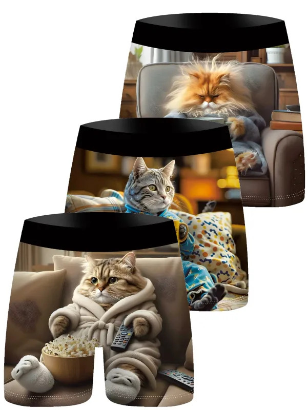 3Pcs Men Boxer Briefs Cute Lazy Cat 3D Print Underwear Soft Stretch Male Underpants Funny Novelty Gift Boxer Shorts — image 2