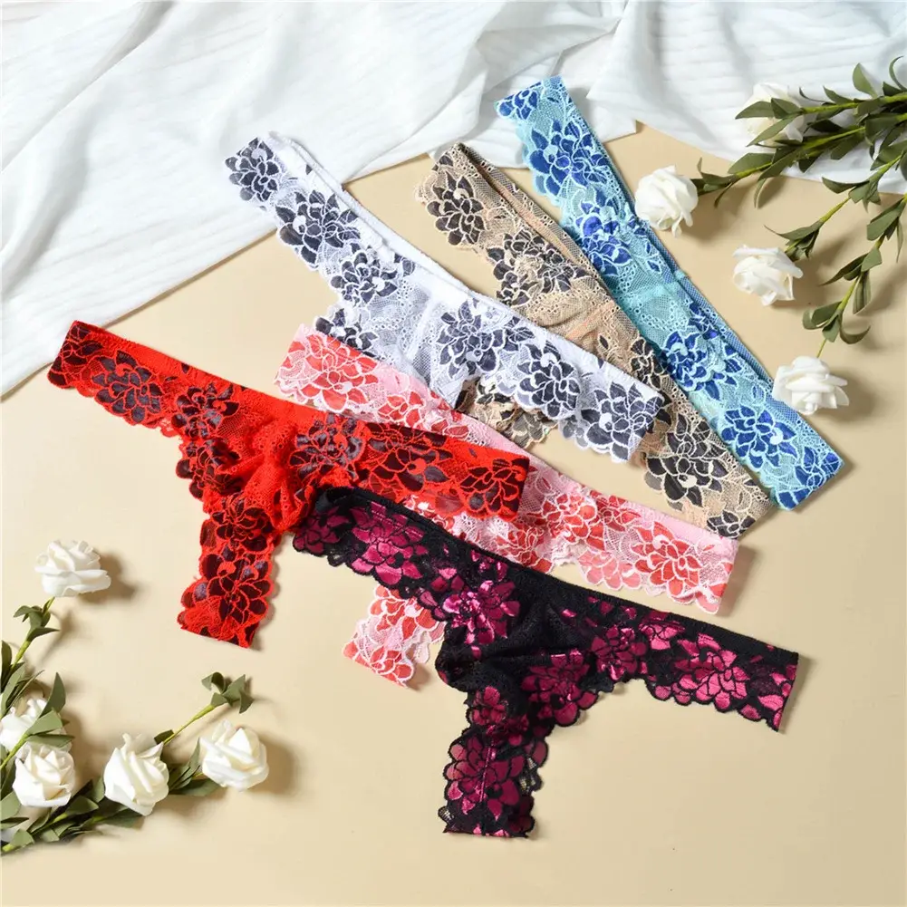 Men Floral Lace Thong Low Rise Elastic Waist G‑String Breathable See‑Through Floral Print Male Underwear Sexy Lingerie Panties — image 5