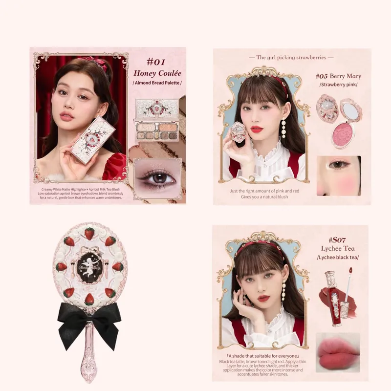 Flower Knows Strawberry Rococo סדרת סט איפור גליטר מאט צלליות פלטת סומק Power Velvet ליפסטיק ערכת בושם — image 2