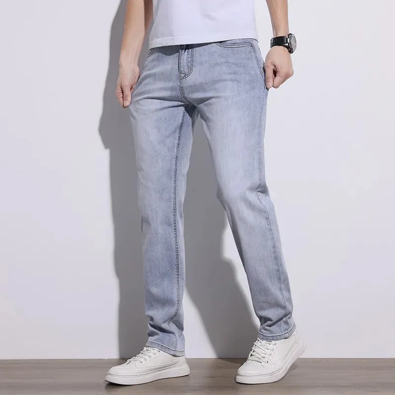 Ανδρικό τζιν Stretch Slim κανονική εφαρμογή Γκρι ανοιχτό μπλε σκούρο μπλε τζιν για άντρες Τζιν παντελόνι Causal Streetwear Ανδρικά ρούχα — image 3