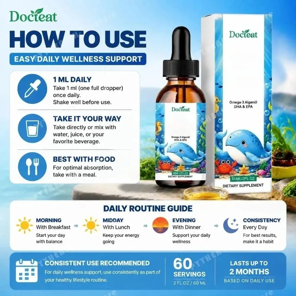 Docteat óleo de algas ômega-3 à base de plantas DHA EPA gotas líquidas para crianças saúde do cérebro vegano não-OGM nutrição diária laranja 60 porções — image 5