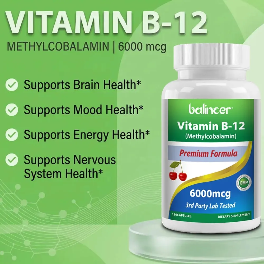 Vitamin B12 Supplement 6000mcg - Energy Brain Memory Mood Heart Function Nervous & Immune System Support 30/60/120 Capsules — image 3