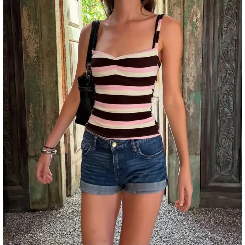 Color Block Stripe Twist Front Spaghetti Strap Cami Top Slim Fit Y2K Sweet קיץ גופייה ללא שרוולים — image 6