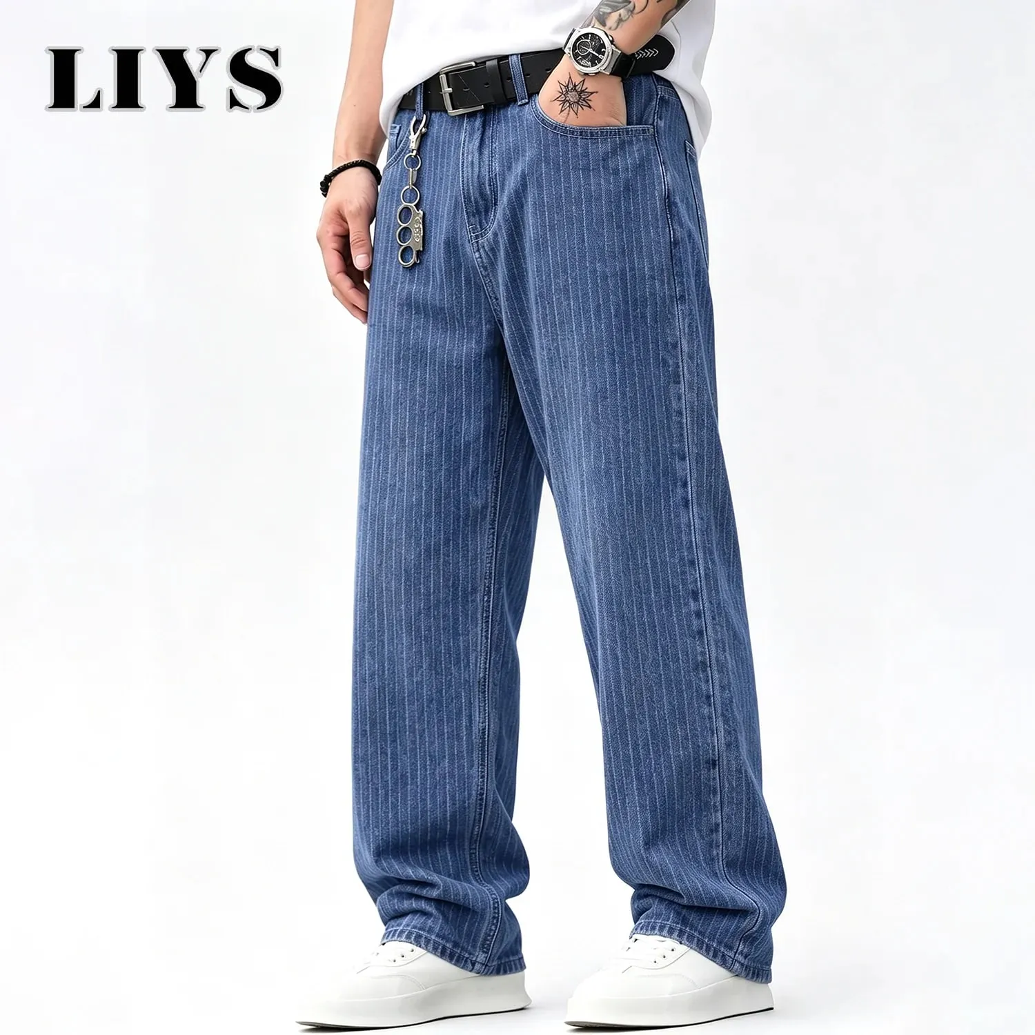 Férfi függőleges vékony csíkos Jacquard táskás farmer nadrág Klasszikus kék bő, széles szárú, egyenes lábú, vintage mosott farmernadrág — image 4