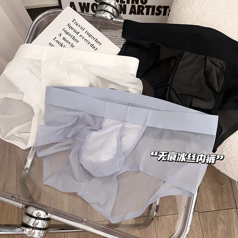 Calzoncillos transparentes para hombre, bragas ultrafinas de seda helada de secado rápido, ropa interior Sexy con bolsa para bulto en U, calzoncillos transpirables Cuecas — image 10