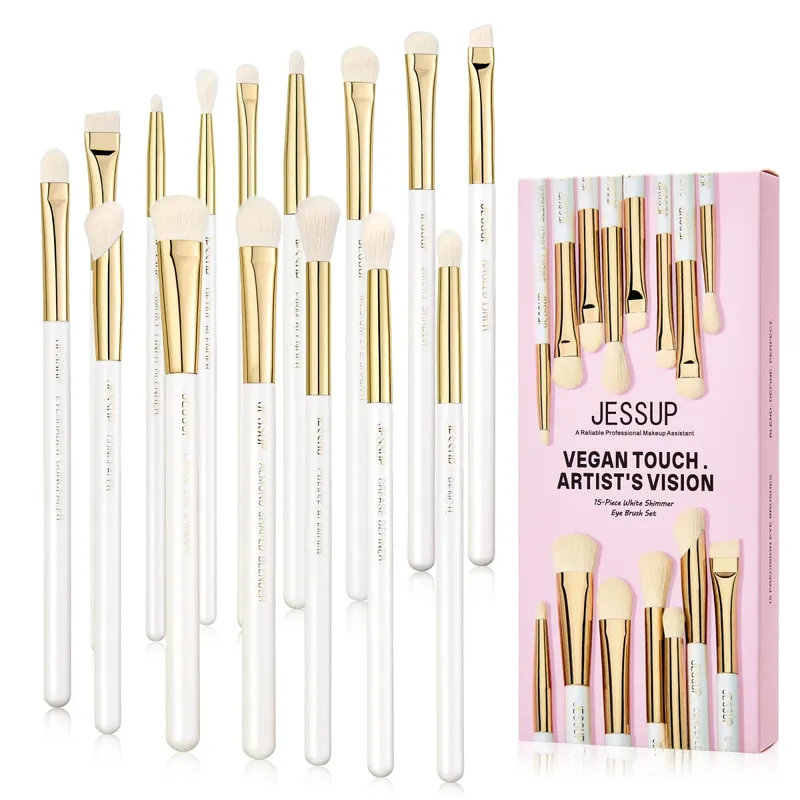 Jessup conjunto de pincéis de maquiagem, 15 peças, pincel de maquiagem branco, base, contorno, corretivo, sombra sintética premium, ferramentas cosméticas t518