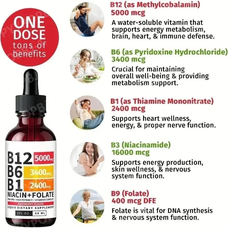 Vitamin B12 Liquid Drops 60ml Raspberry Flavor with Vitamin B6+B1 Etc Multivitamin Support Energy Recovery & Brain Heart Health — image 4